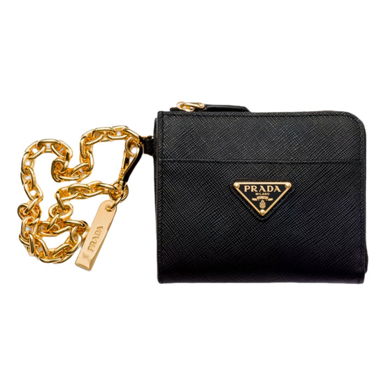 Prada Black Saffiano Leather Small Zip Wallet with Chain - available at Queen Bee of Beverly Hills. 