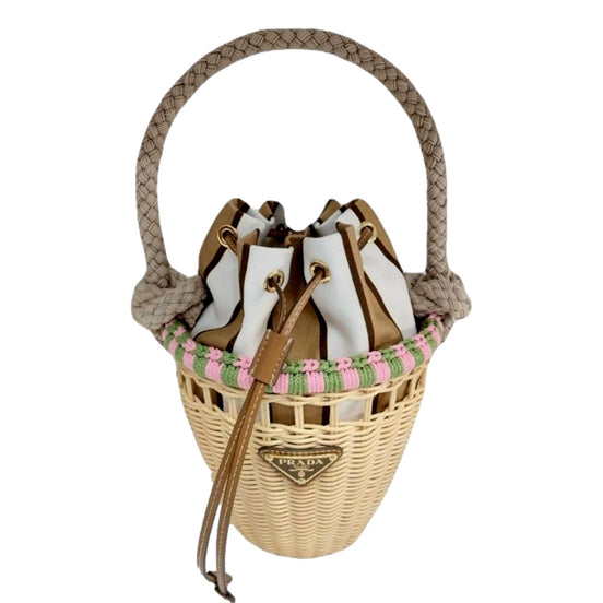 Prada Beige Wicker Mini Bucket Bag with Pink and Green Rope Trim and Tan Leather - available at Queen Bee of Beverly Hills. 