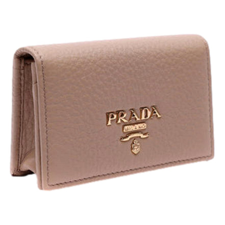 Prada Women's Vitello Grain Cammeo Beige Leather Card Case Wallet available at Queen Bee of Beverly Hills
