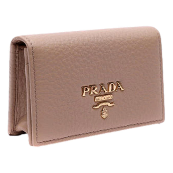 Prada Women's Vitello Grain Cammeo Beige Leather Card Case Wallet available at Queen Bee of Beverly Hills