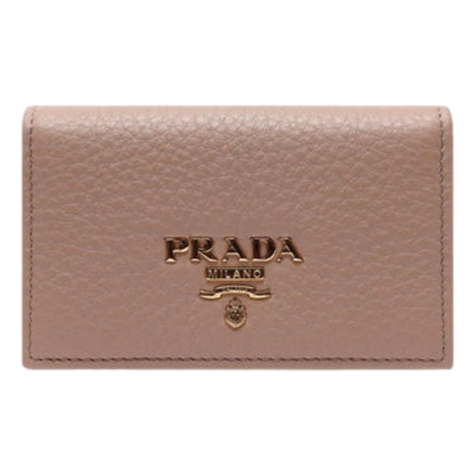 Prada Women's Vitello Grain Cammeo Beige Leather Card Case Wallet available at Queen Bee of Beverly Hills