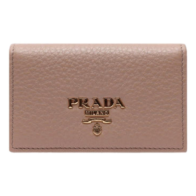 Prada Women's Vitello Grain Cammeo Beige Leather Card Case Wallet available at Queen Bee of Beverly Hills
