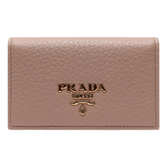 Prada Women's Vitello Grain Cammeo Beige Leather Card Case Wallet available at Queen Bee of Beverly Hills