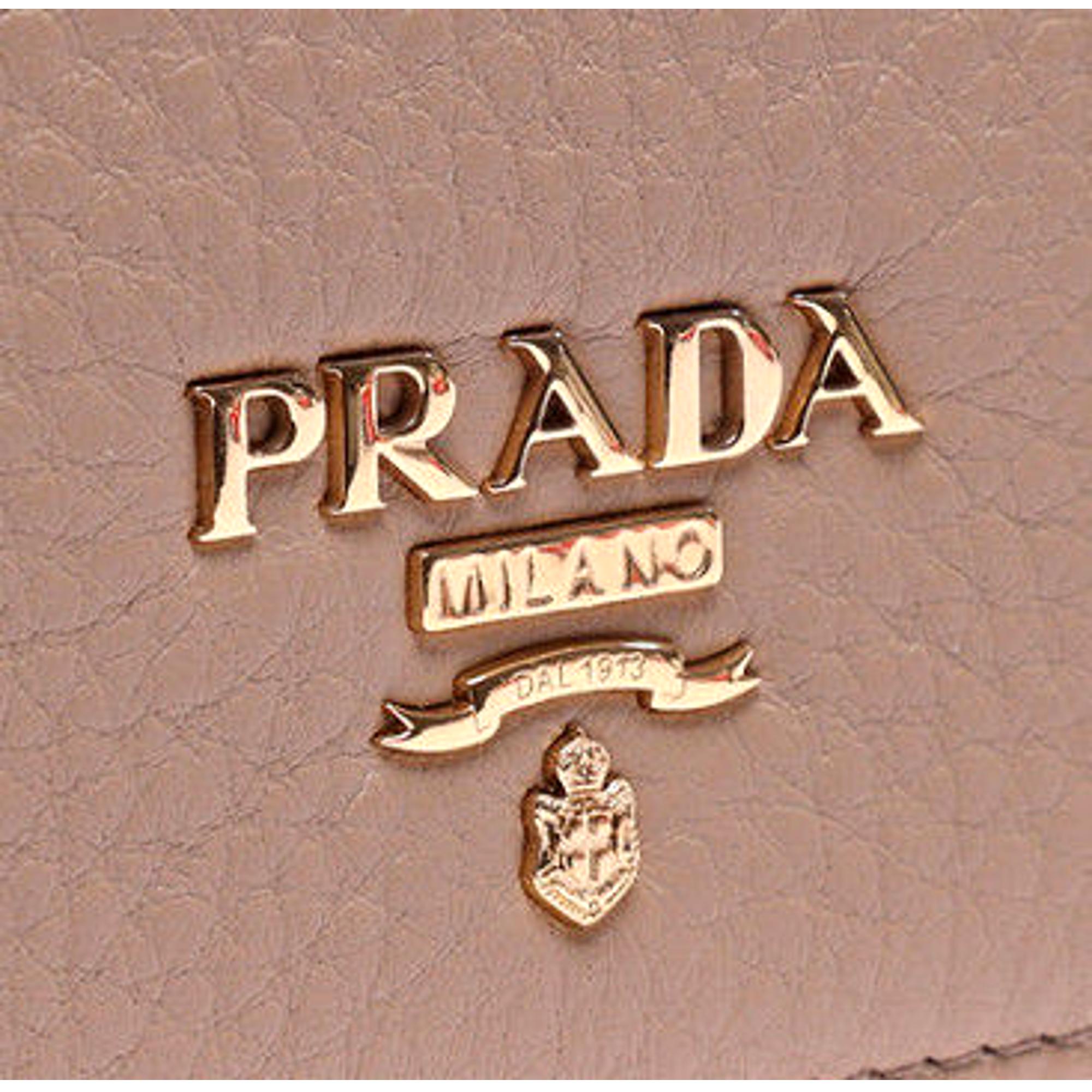 Prada Women's Vitello Grain Cammeo Beige Leather Card Case Wallet available at Queen Bee of Beverly Hills