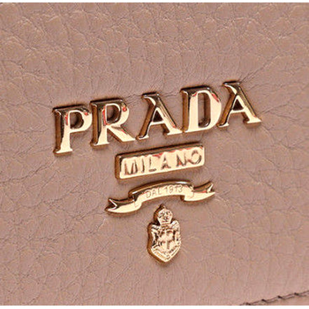 Prada Women's Vitello Grain Cammeo Beige Leather Card Case Wallet available at Queen Bee of Beverly Hills