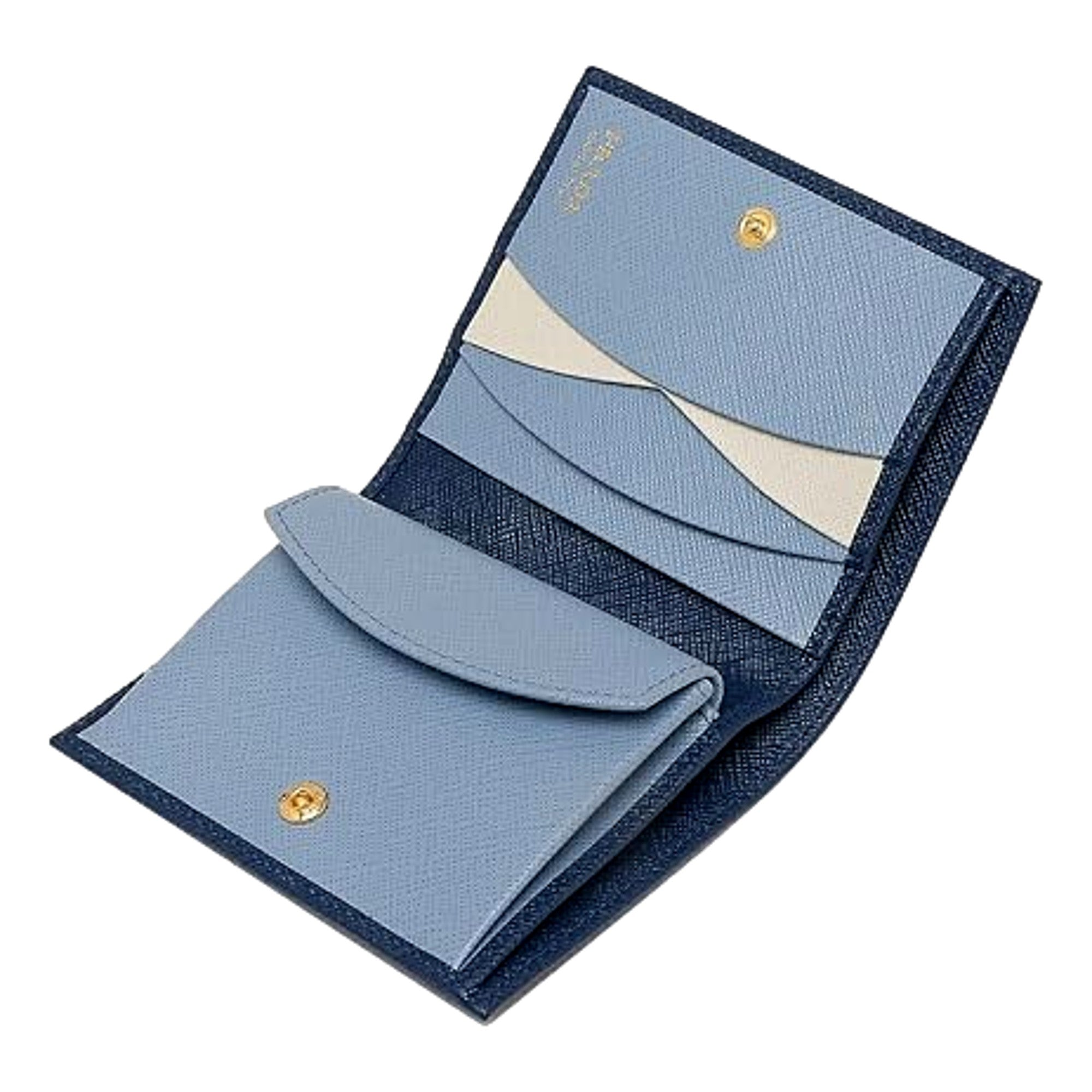 Prada Womens Saffiano Multi-Color Folding Wallet Bluette Blue and Astrale available at Queen Bee of Beverly Hills