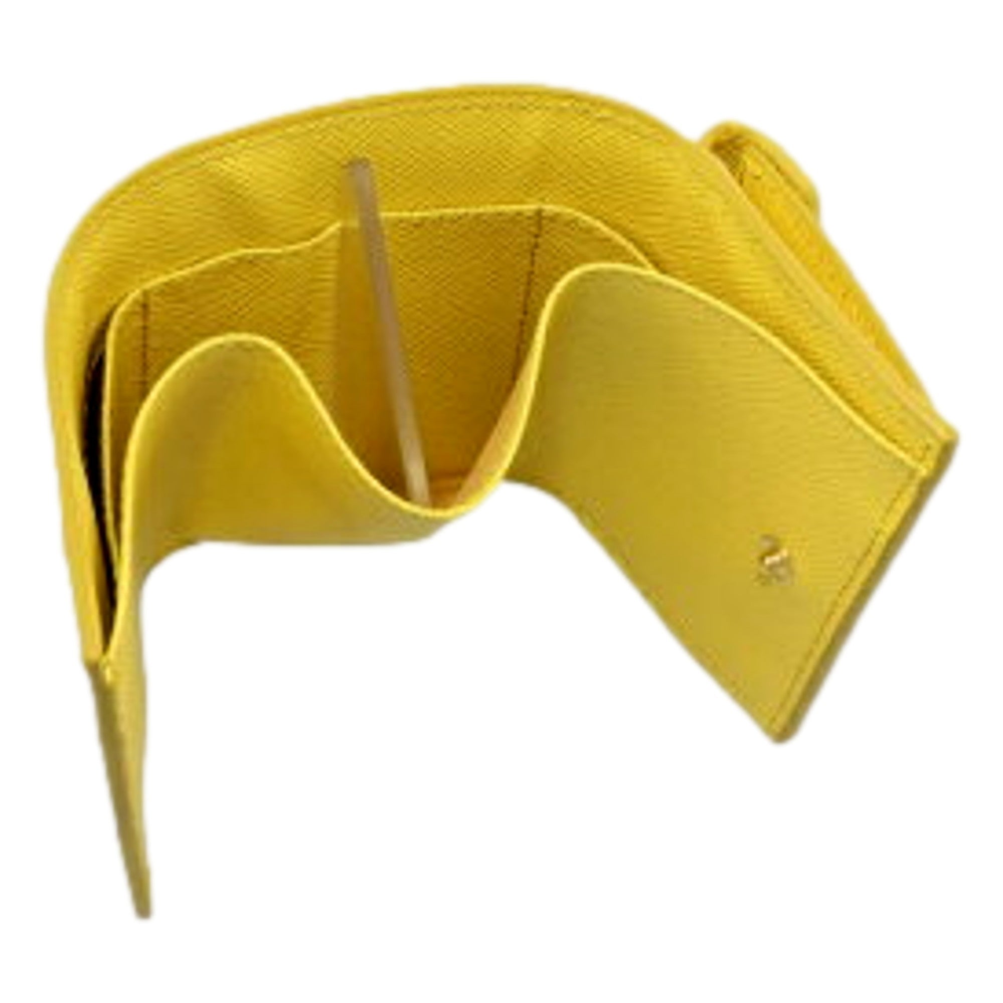 Prada Womens Tri-Fold Saffiano Leather Wallet Sole Yellow Triangle Logo available at Queen Bee of Beverly Hills