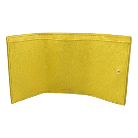 Prada Womens Tri-Fold Saffiano Leather Wallet Sole Yellow Triangle Logo available at Queen Bee of Beverly Hills