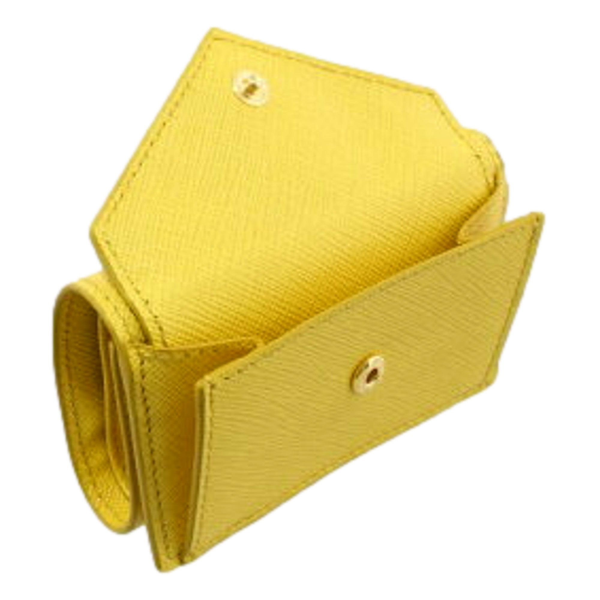Prada Womens Tri-Fold Saffiano Leather Wallet Sole Yellow Triangle Logo available at Queen Bee of Beverly Hills