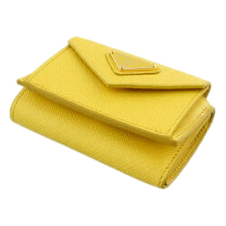 Prada Womens Tri-Fold Saffiano Leather Wallet Sole Yellow Triangle Logo available at Queen Bee of Beverly Hills