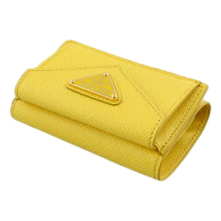Prada Womens Tri-Fold Saffiano Leather Wallet Sole Yellow Triangle Logo available at Queen Bee of Beverly Hills