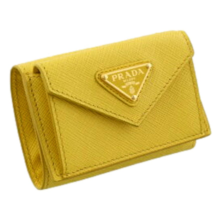 Prada Womens Tri-Fold Saffiano Leather Wallet Sole Yellow Triangle Logo available at Queen Bee of Beverly Hills