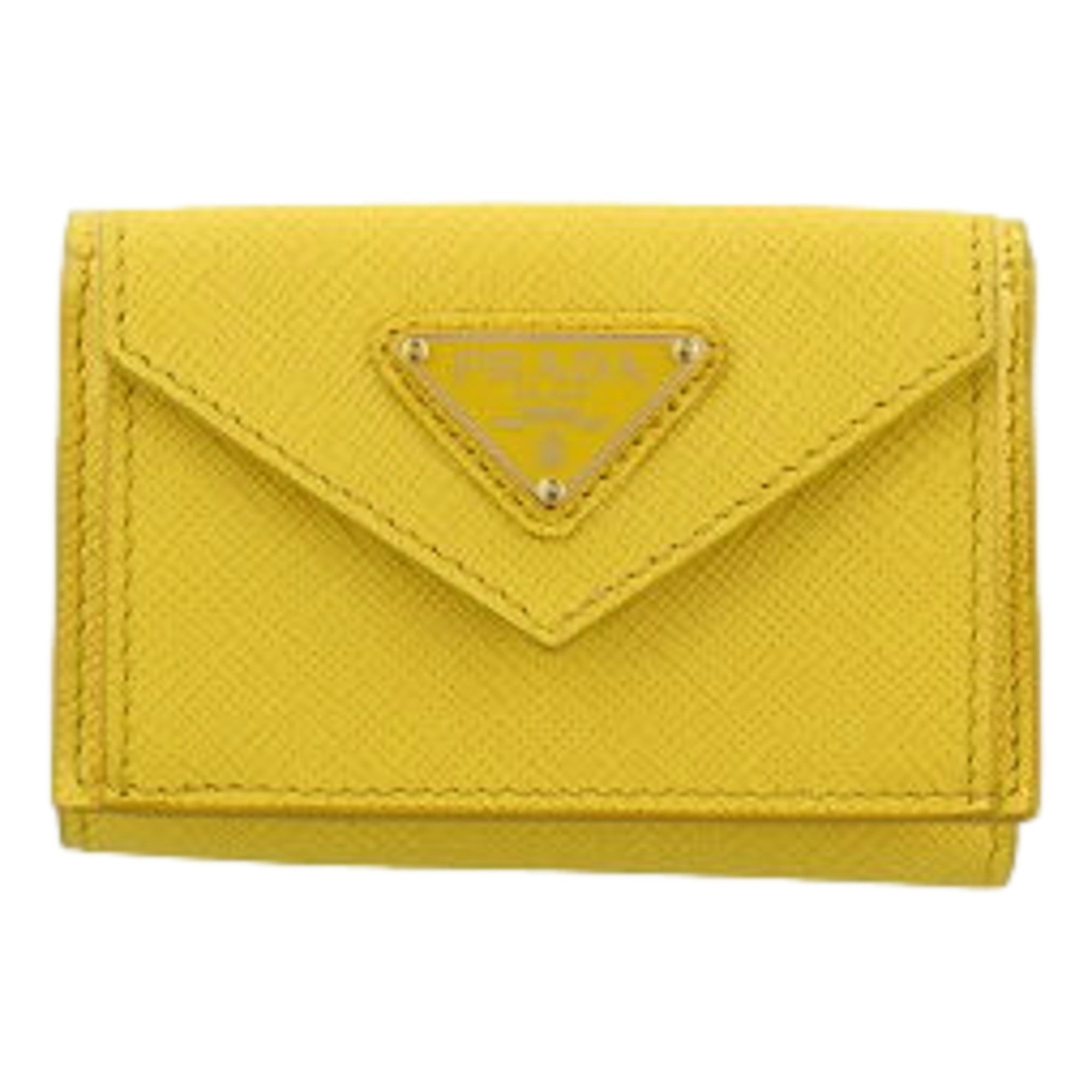 Prada Womens Tri-Fold Saffiano Leather Wallet Sole Yellow Triangle Logo available at Queen Bee of Beverly Hills