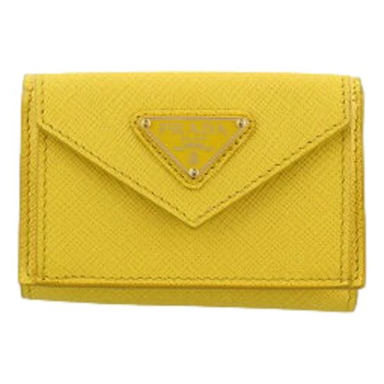 Prada Womens Tri-Fold Saffiano Leather Wallet Sole Yellow Triangle Logo available at Queen Bee of Beverly Hills