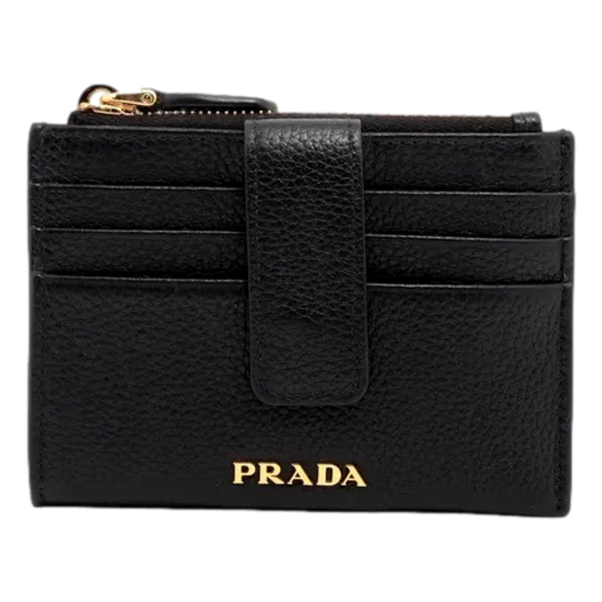 Prada Womens Vitello Grain Nero Black Leather Zip Top Card Wallet available at Queen Bee of Beverly Hills