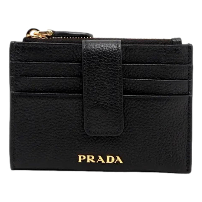 Prada Womens Vitello Grain Nero Black Leather Zip Top Card Wallet available at Queen Bee of Beverly Hills