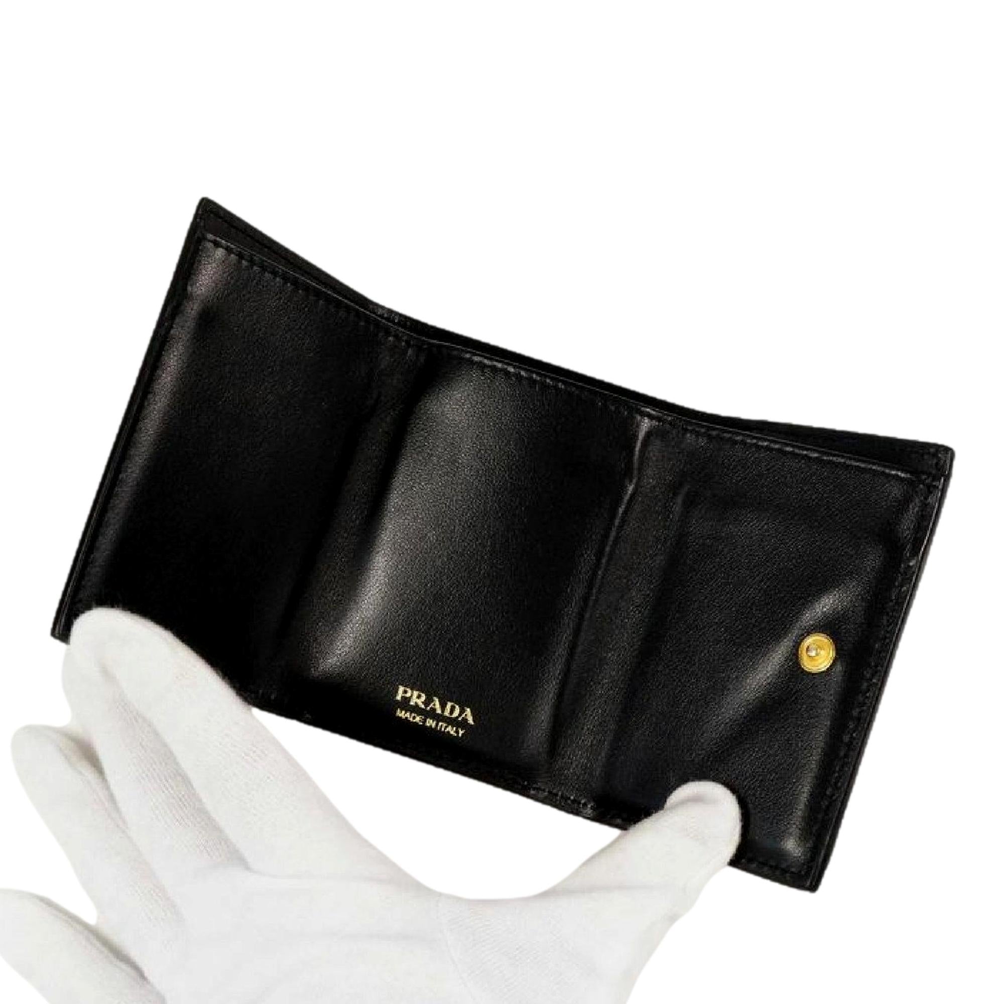 Prada Womens Vitello Move Black Leather Compact Envelope Trifold Wallet available at Queen Bee of Beverly Hills