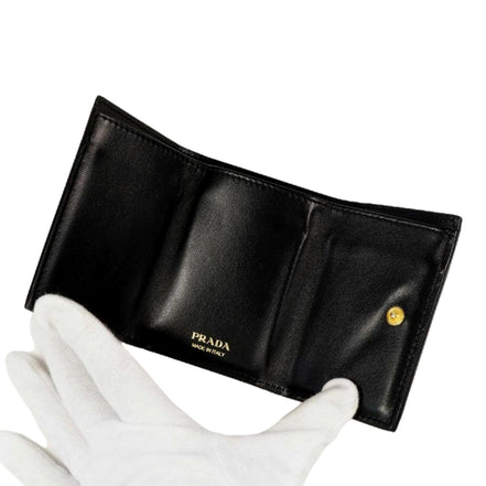 Prada Womens Vitello Move Black Leather Compact Envelope Trifold Wallet available at Queen Bee of Beverly Hills
