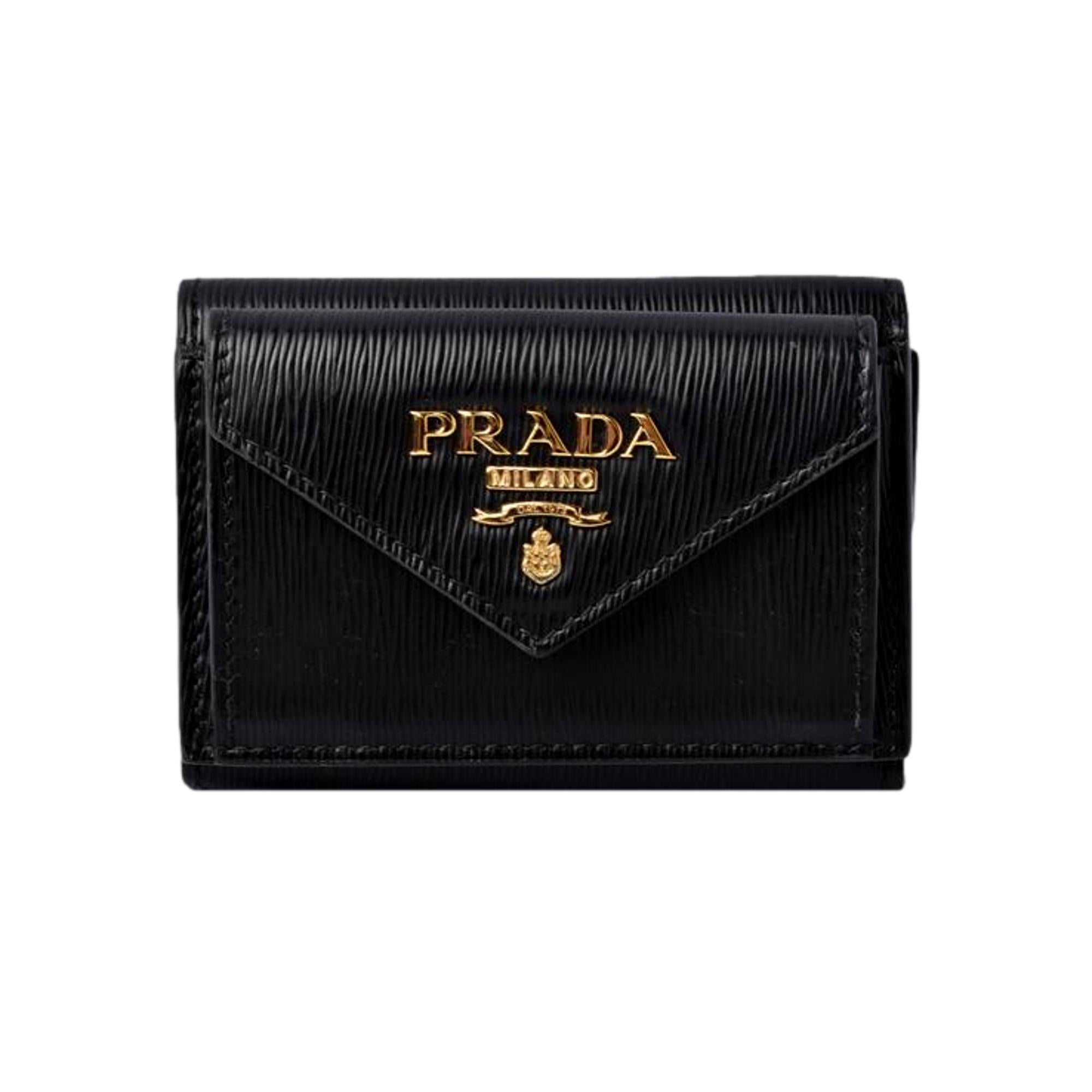 Prada Womens Vitello Move Black Leather Compact Envelope Trifold Wallet available at Queen Bee of Beverly Hills