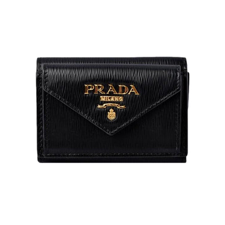 Prada Womens Vitello Move Black Leather Compact Envelope Trifold Wallet available at Queen Bee of Beverly Hills