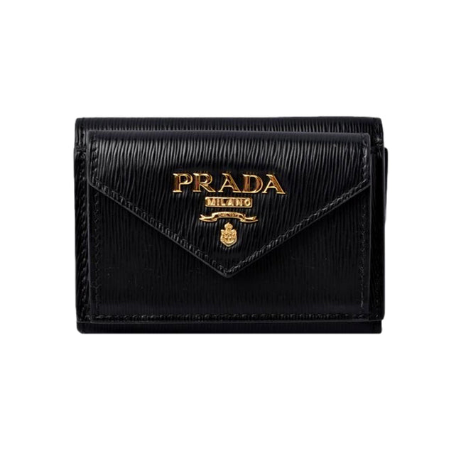 Prada Womens Vitello Move Black Leather Compact Envelope Trifold Wallet available at Queen Bee of Beverly Hills