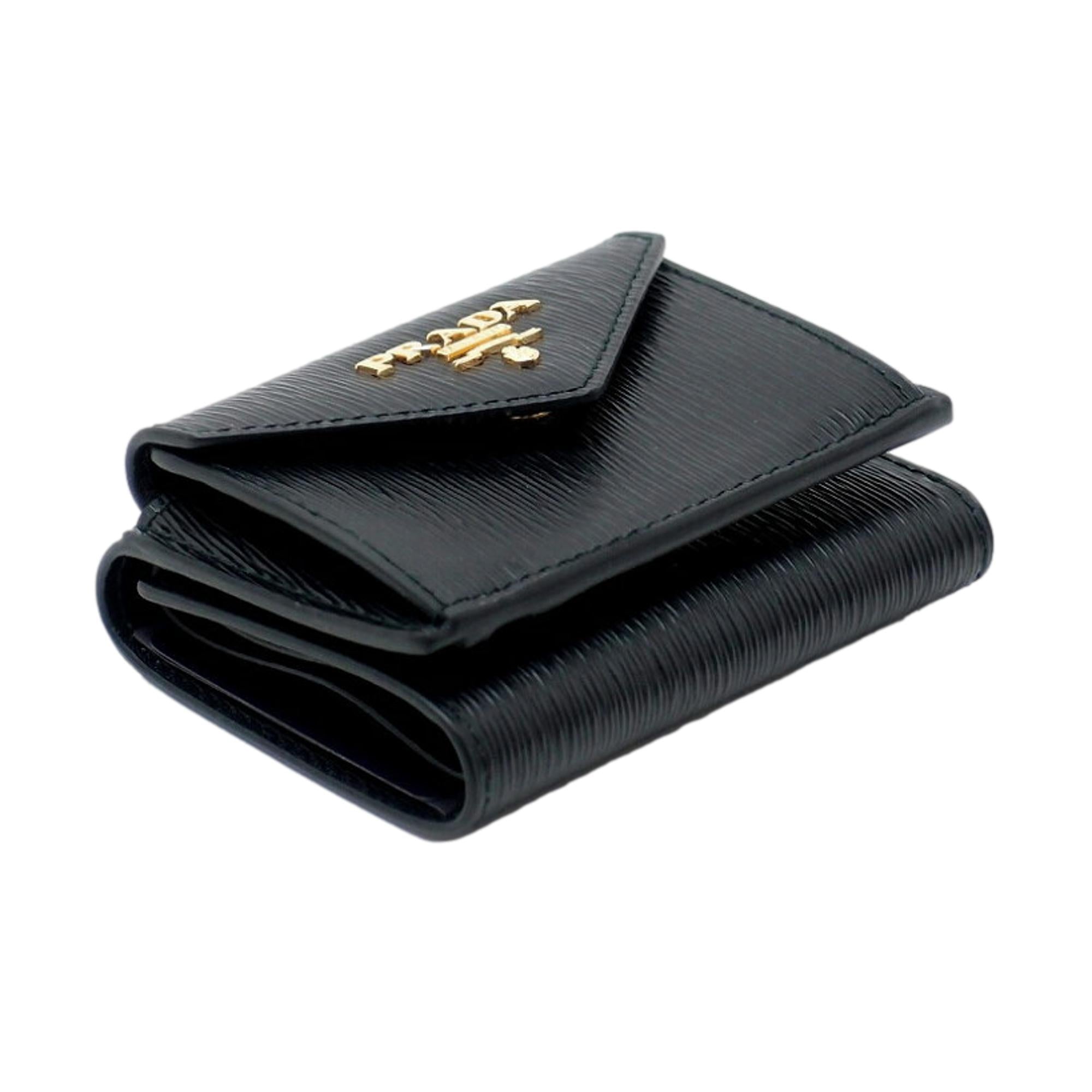 Prada Womens Vitello Move Black Leather Compact Envelope Trifold Wallet available at Queen Bee of Beverly Hills
