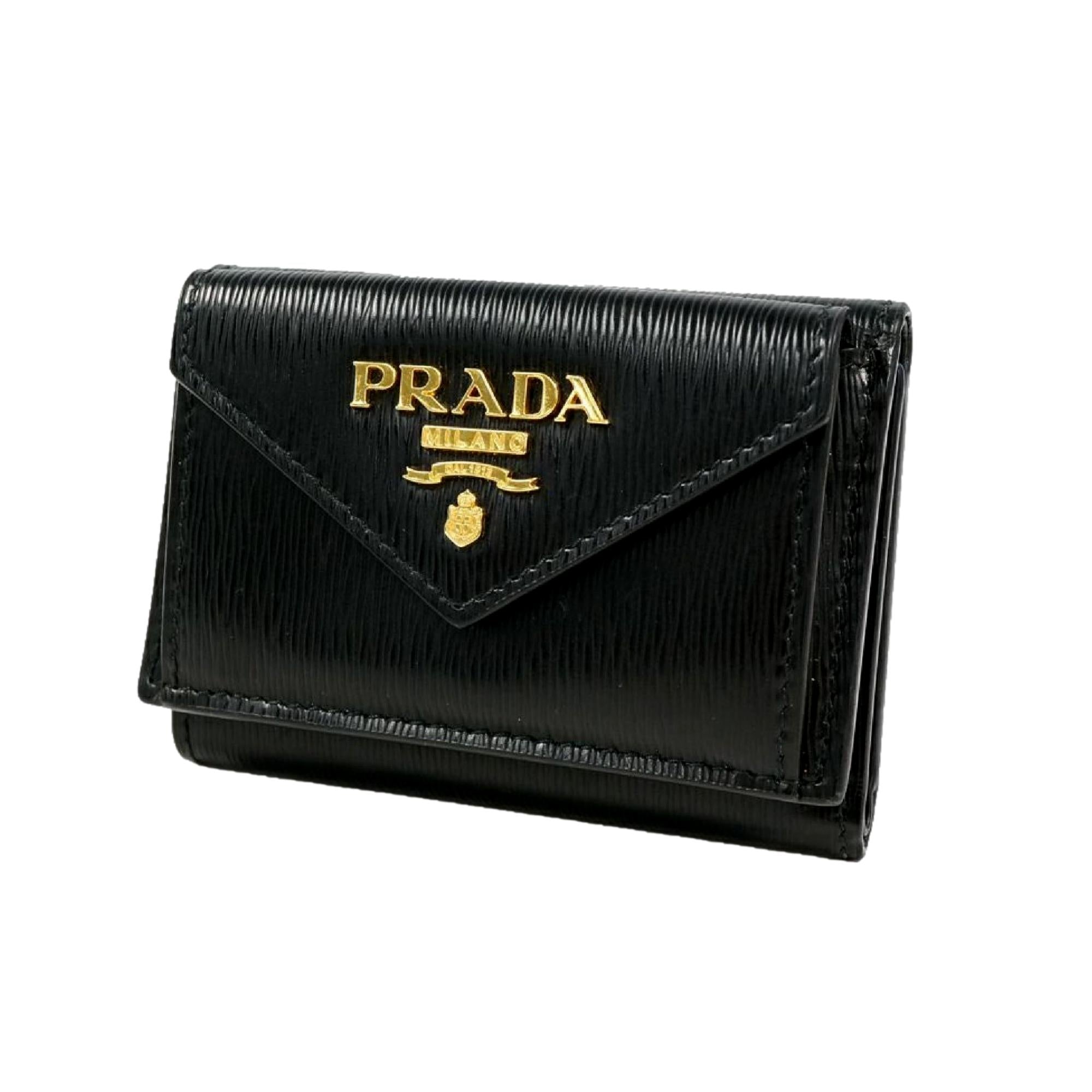 Prada Womens Vitello Move Black Leather Compact Envelope Trifold Wallet available at Queen Bee of Beverly Hills