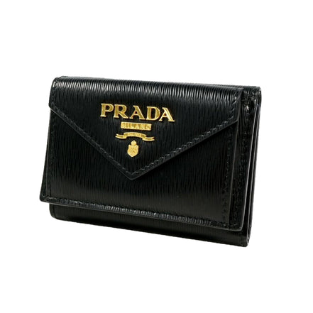 Prada Womens Vitello Move Black Leather Compact Envelope Trifold Wallet available at Queen Bee of Beverly Hills