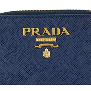 Prada Womens Zippy Coin Purse Wallet Saffiano Leather Bluette Blue Gold Logo available at Queen Bee of Beverly Hills