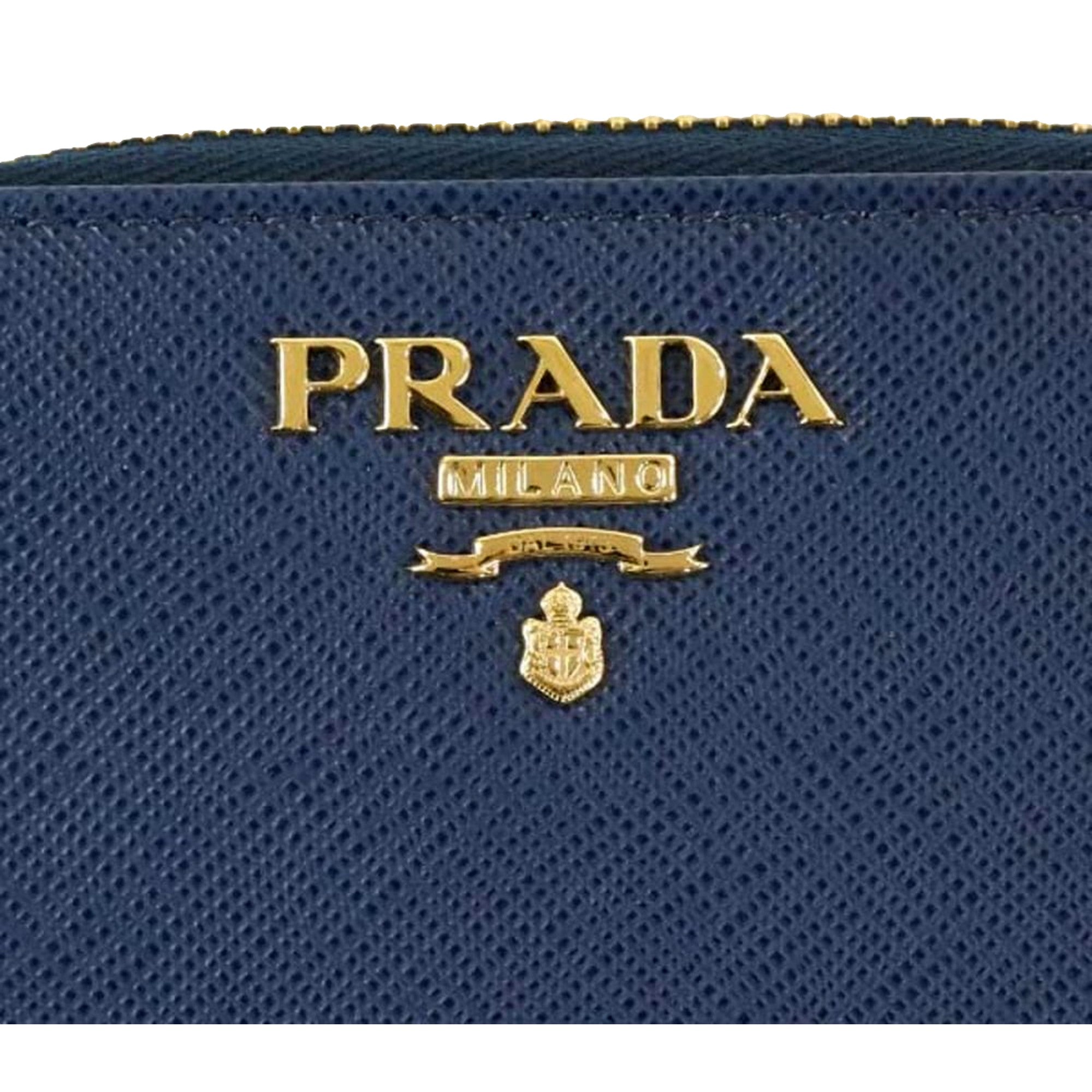 Prada Womens Zippy Coin Purse Wallet Saffiano Leather Bluette Blue Gold Logo available at Queen Bee of Beverly Hills
