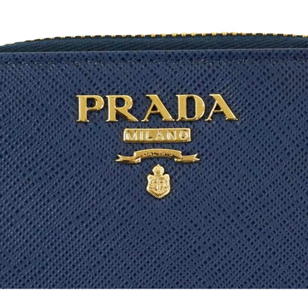 Prada Womens Zippy Coin Purse Wallet Saffiano Leather Bluette Blue Gold Logo available at Queen Bee of Beverly Hills