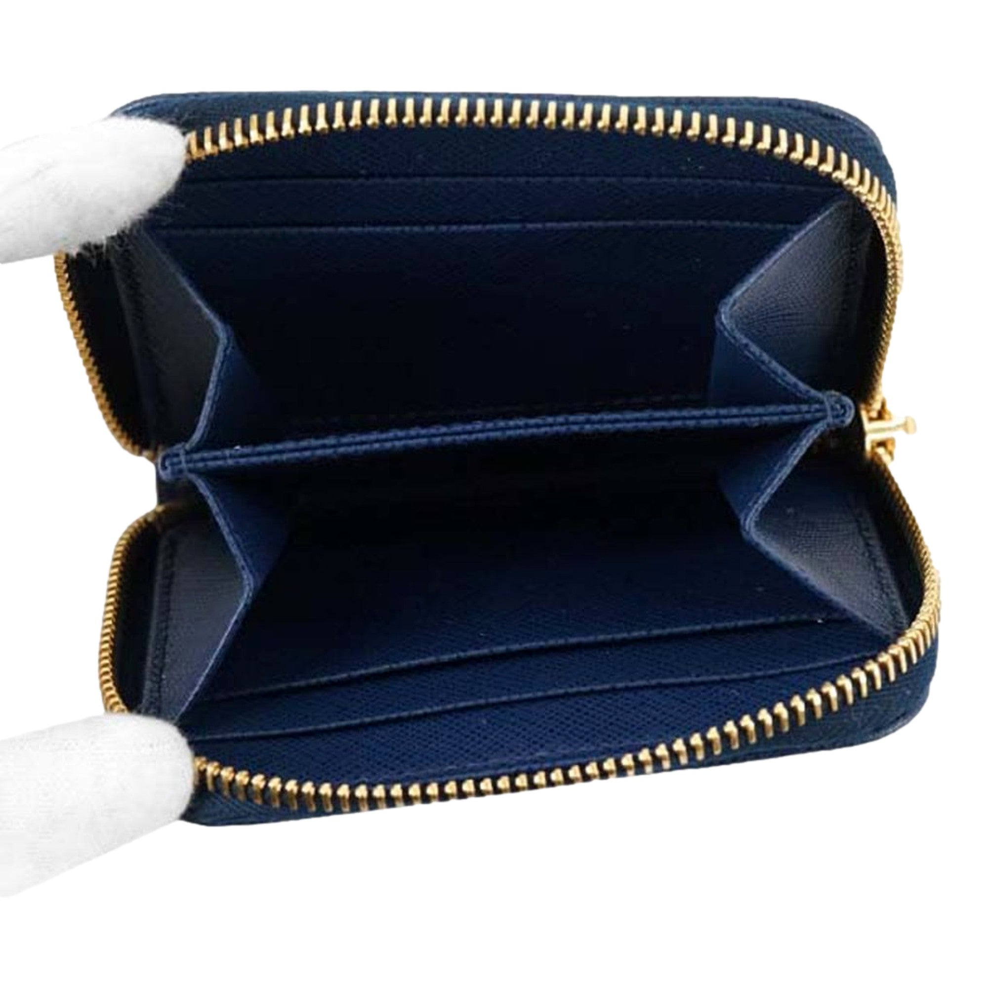 Prada Womens Zippy Coin Purse Wallet Saffiano Leather Bluette Blue Gold Logo available at Queen Bee of Beverly Hills