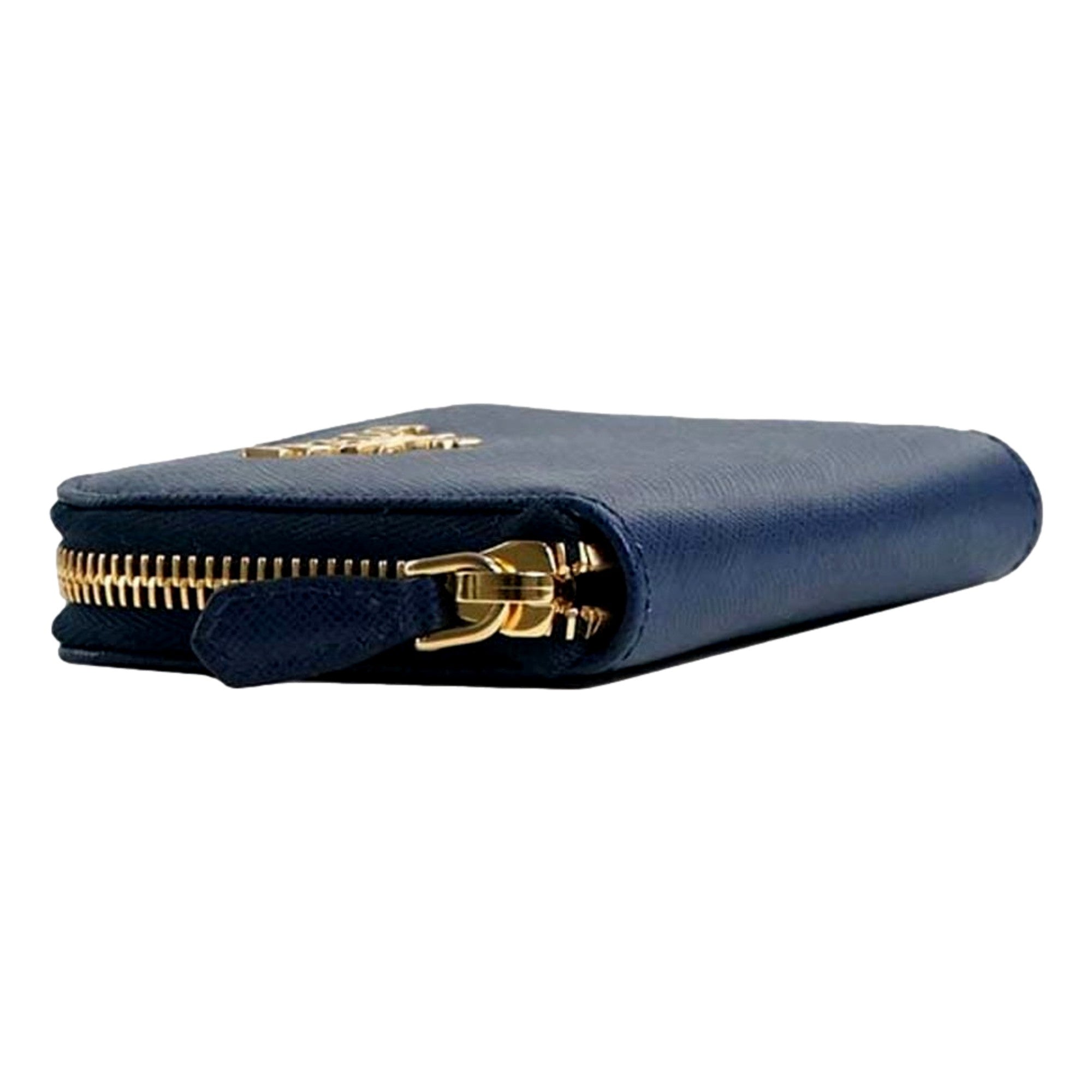 Prada Womens Zippy Coin Purse Wallet Saffiano Leather Bluette Blue Gold Logo available at Queen Bee of Beverly Hills