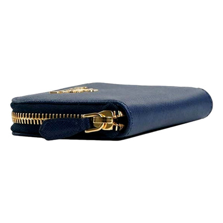 Prada Womens Zippy Coin Purse Wallet Saffiano Leather Bluette Blue Gold Logo available at Queen Bee of Beverly Hills