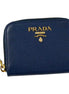 Prada Womens Zippy Coin Purse Wallet Saffiano Leather Bluette Blue Gold Logo available at Queen Bee of Beverly Hills