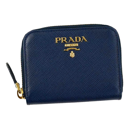 Prada Womens Zippy Coin Purse Wallet Saffiano Leather Bluette Blue Gold Logo available at Queen Bee of Beverly Hills