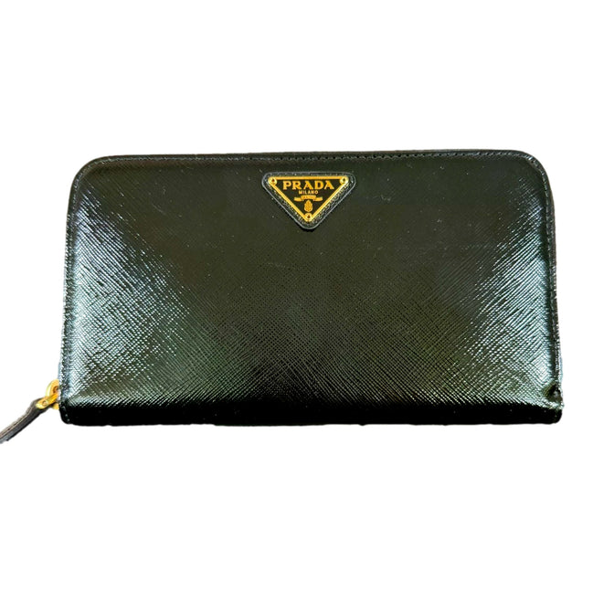 Prada Nero Black Saffiano Vernice Leather Zip Around Wallet - available at Queen Bee of Beverly Hills.