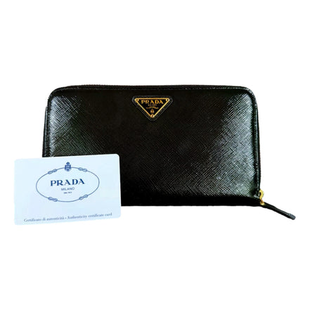 Prada Nero Black Saffiano Vernice Leather Zip Around Wallet - available at Queen Bee of Beverly Hills.
