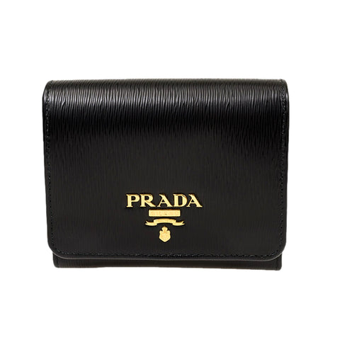 Prada Vitello Move Trifold Compact Wallet Black Leather Logo Plaque