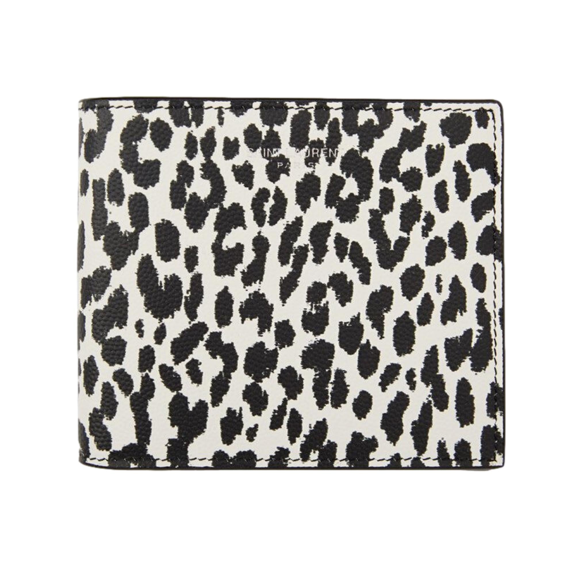 Saint Laurent BabyCat Leopard Print Black and White Leather Bifold Wallet available at Queen Bee of Beverly Hills