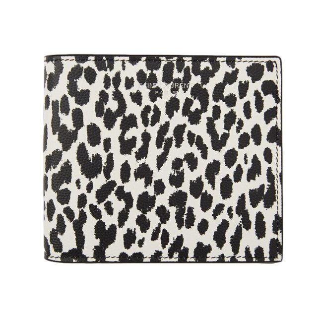 Saint Laurent BabyCat Leopard Print Black and White Leather Bifold Wallet available at Queen Bee of Beverly Hills