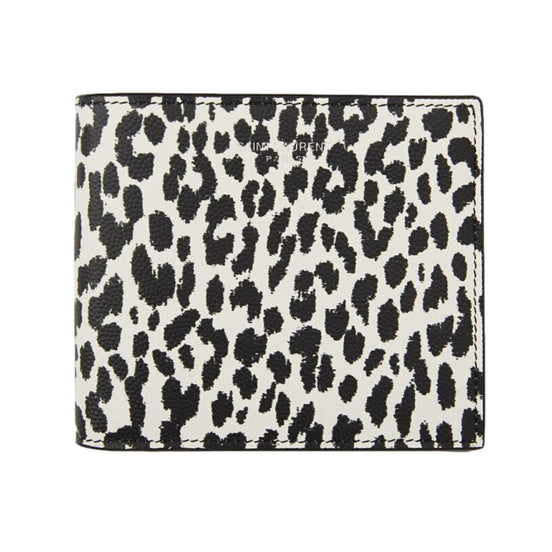 Saint Laurent BabyCat Leopard Print Black and White Leather Bifold Wallet available at Queen Bee of Beverly Hills