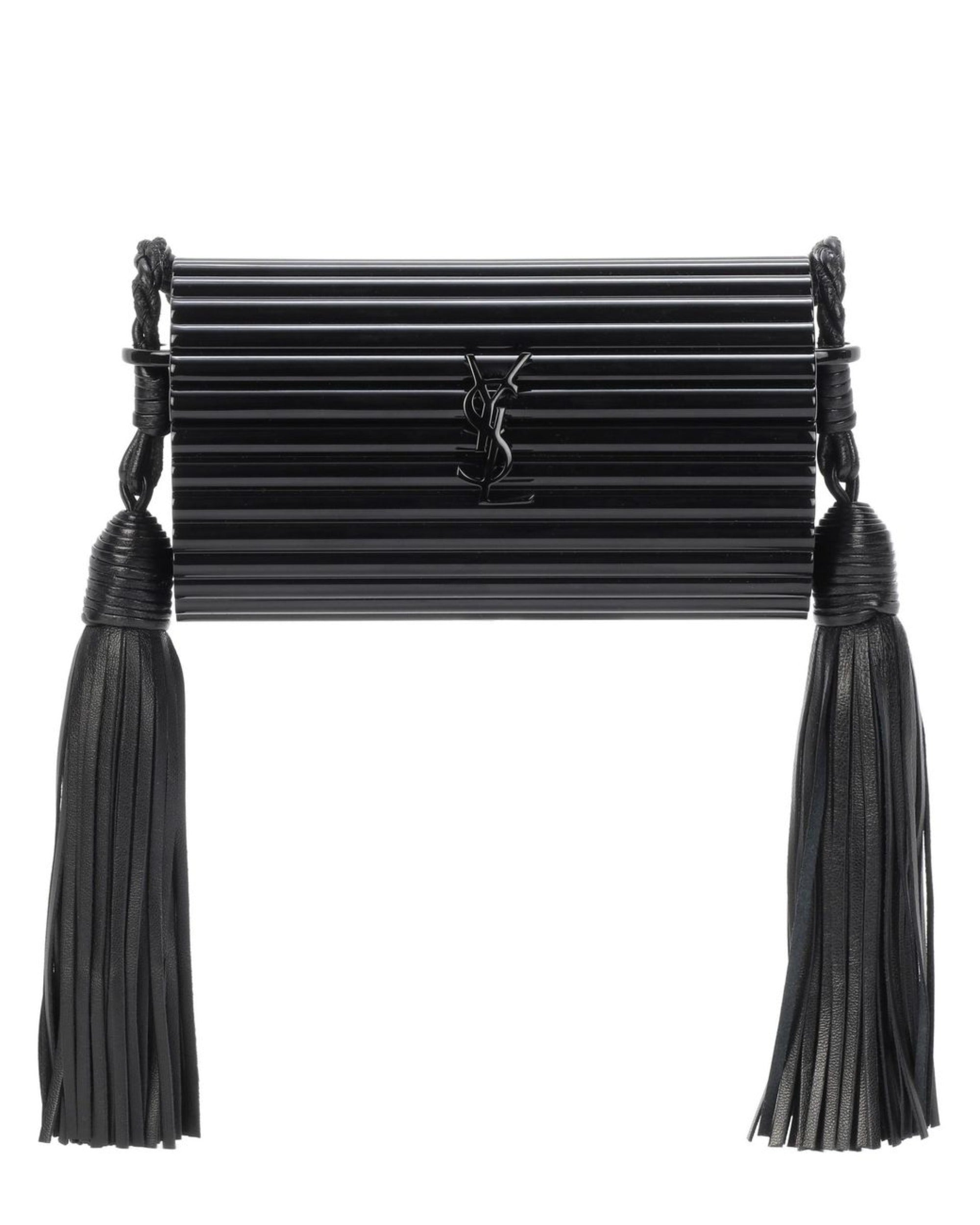 Saint Laurent Black Plexiglass Minaudiere Opium Box Bag available at Queen Bee of Beverly Hills