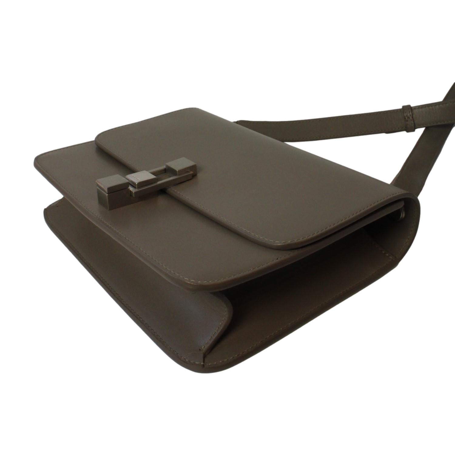 Saint Laurent Carre Taupe Ultra Soft Calf Leather Shoulder Bag available at Queen Bee of Beverly Hills