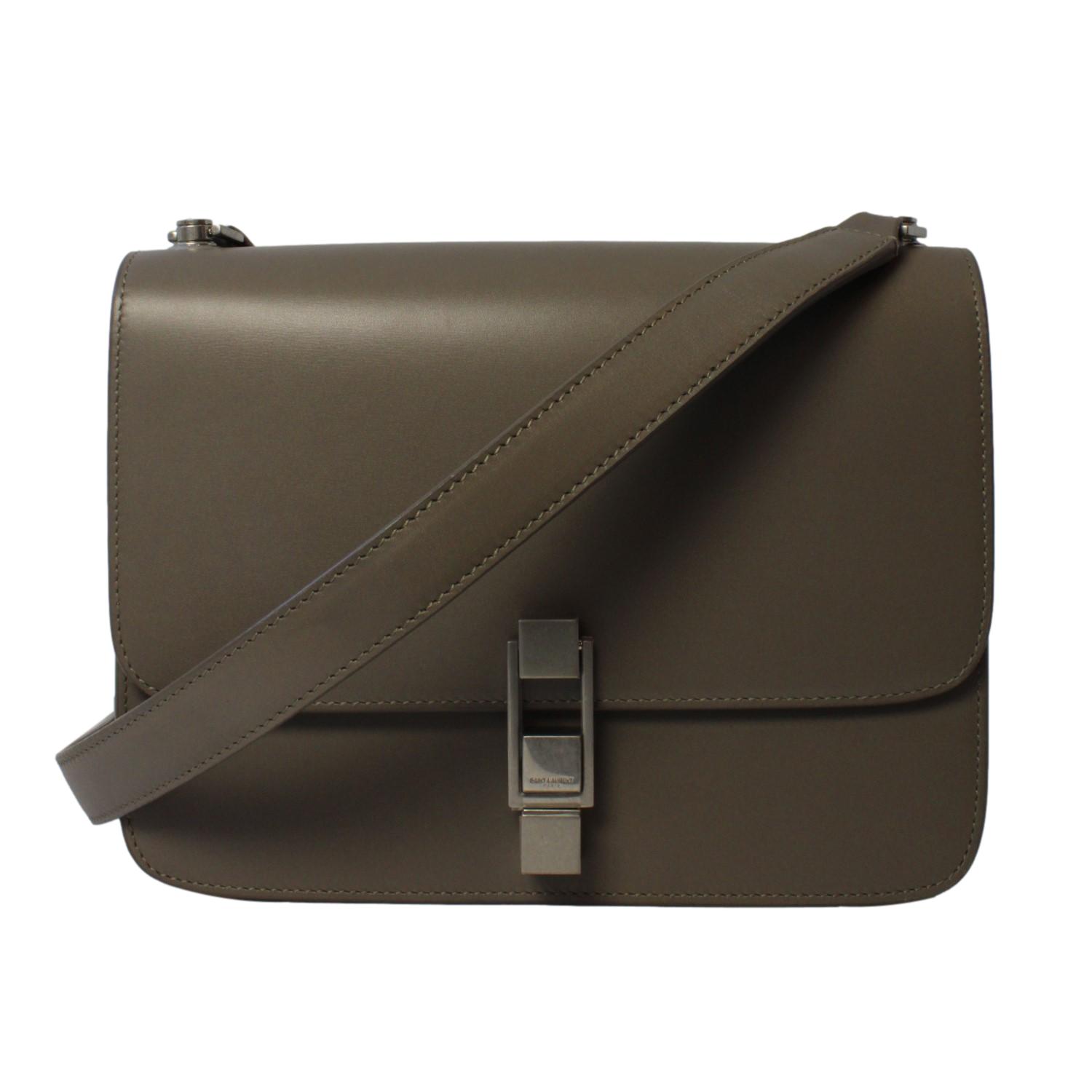 Saint Laurent Carre Taupe Ultra Soft Calf Leather Shoulder Bag available at Queen Bee of Beverly Hills