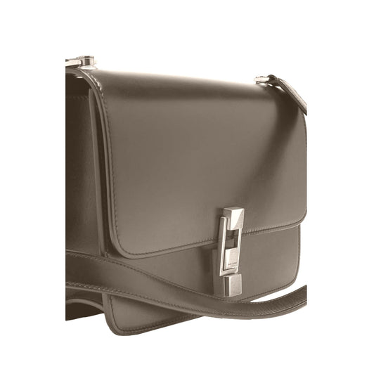 Saint Laurent Carre Taupe Ultra Soft Calf Leather Shoulder Bag available at Queen Bee of Beverly Hills