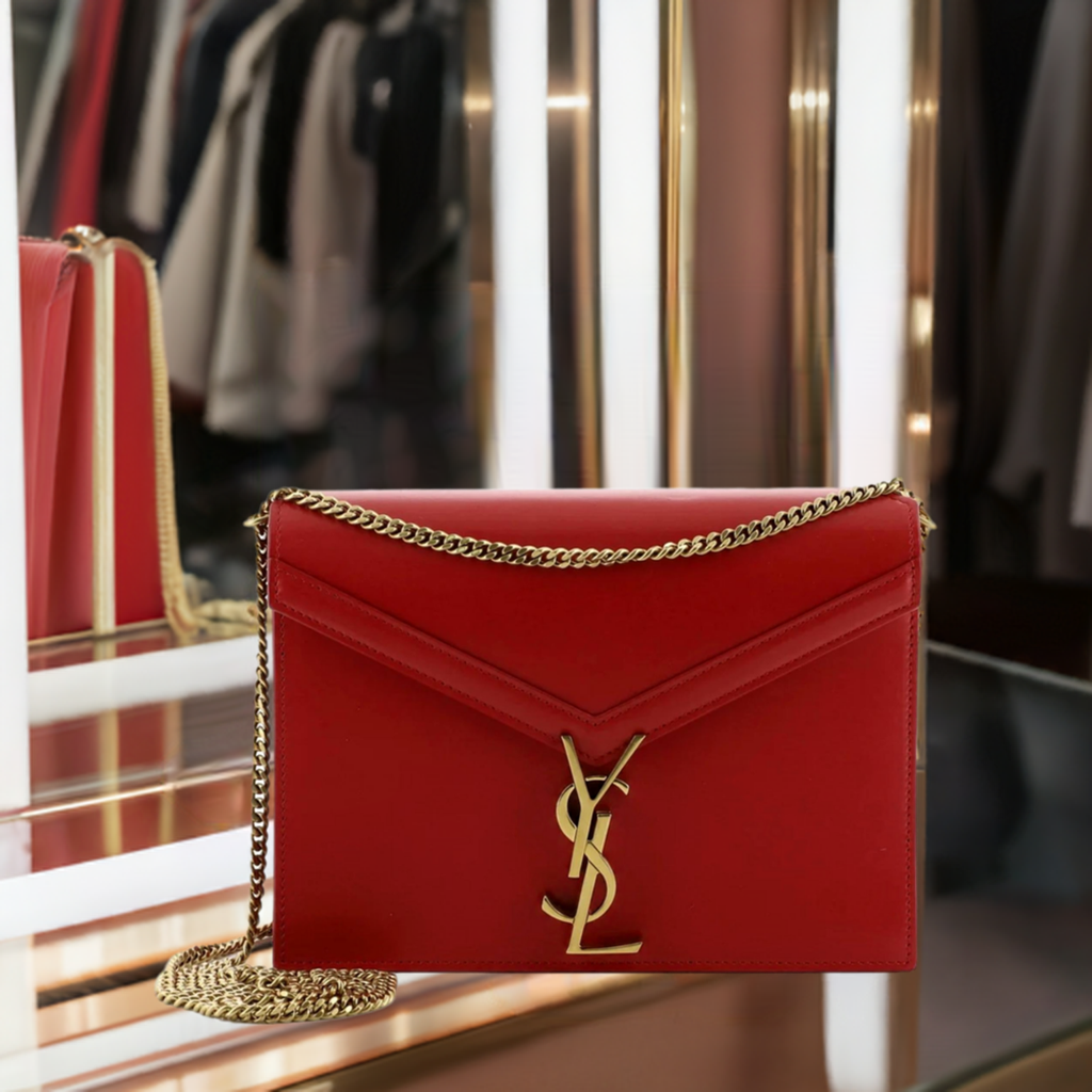 Saint Laurent Cassandra Red Leather Medium Shoulder Bag available at Queen Bee of Beverly Hills