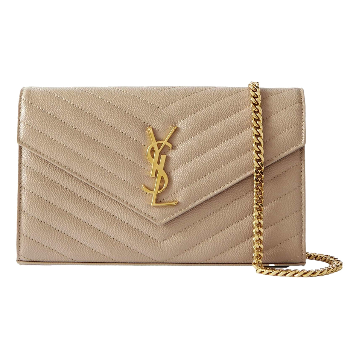 Saint Laurent Cassandre Matelassé Chain Wallet in Beige Grain de Poudre Leather - available at Queen Bee of Beverly Hills. 