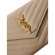 Saint Laurent Cassandre Matelassé Chain Wallet in Beige Grain de Poudre Leather - available at Queen Bee of Beverly Hills. 