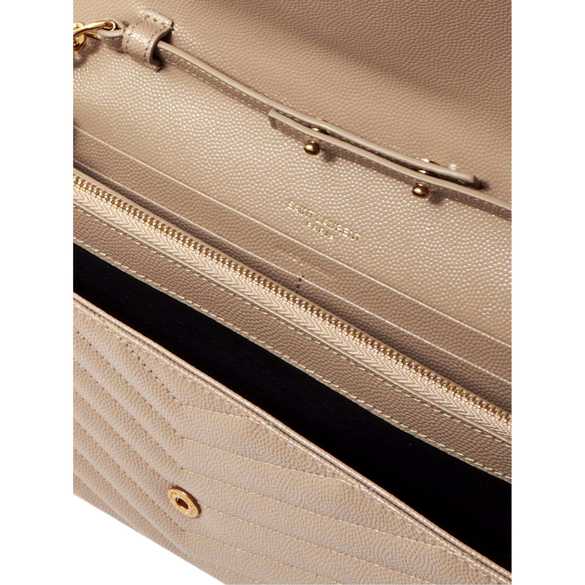 Saint Laurent Cassandre Matelassé Chain Wallet in Beige Grain de Poudre Leather - available at Queen Bee of Beverly Hills. 